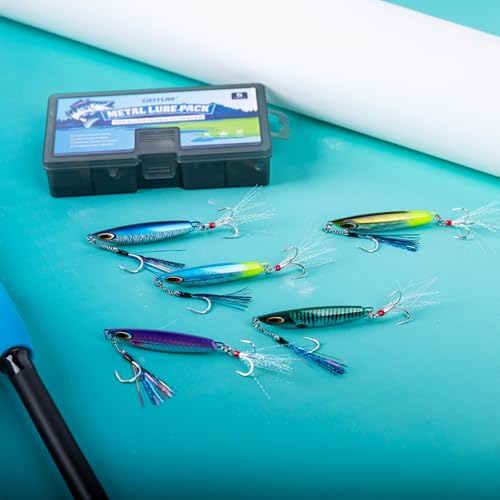 Goture Fishing Jigs, 30g 40g 50g 60g Vertical Jig Saltwater Freshwater, Jig Lures with Assist Hook and Treble Hook, 5PCS Jigging Spoon Lures with Tackle Box, Fishing Jigs for Tuna, Salmon, Bass - color: A2 with Tackle Box, size: 50g