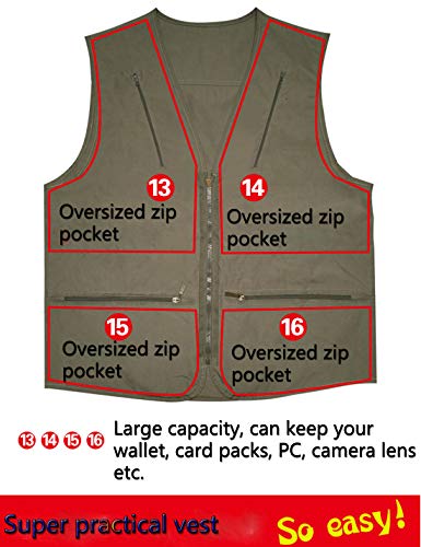 Flygo Men's Vest Plus Size 16 Pockets Leisure Outdoor Lightweight Fishing Photo Journalist Vest - color: Grey, size: 3X-Large