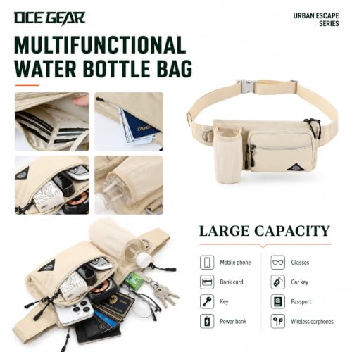 Waist Pack with Water Bottle Holder for Men Women Waist Bag Running Waist Pack Waterproof for Outdoor Travel Cycling Climbing Walking Fit All Phones (Bottle Not Included) (Beige) - color: Beige