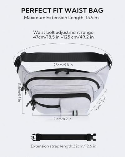 WATERFLY Fanny Pack Waist Bag: 3L Waist Pack with Anti-Theft RFID Blocking, 9 Pockets & Adjustable Belt Water Resistant Hip Pack for Women Men Travel Hiking Running - color: Grey
