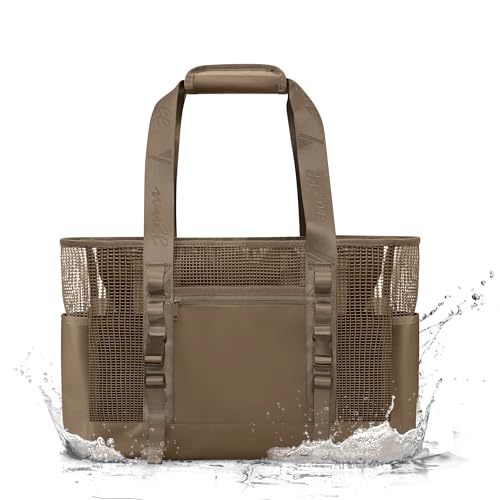 Yarwo Boat Gear Tote Bag, 35.5L Waterproof Boat Accessories Organizer with Marine-grade Coated Mesh and Wet Dry Pockets - color: Brown