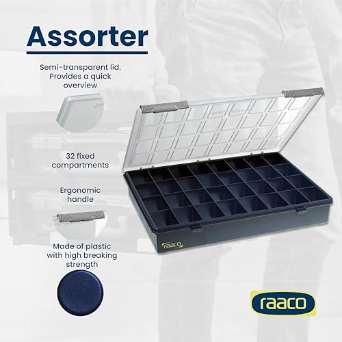 Raaco Assorter Tool Box Organizer – Full-Size – 32 Slots Fixed Grid with Semi-Transparent Lid, Polypropylene (PP) Storage Box for Screws, Nuts and Bolts, Small Parts & Hardware (Assorter 4-32) - size: Full-Size –32 Slots, style: Fixed Grid