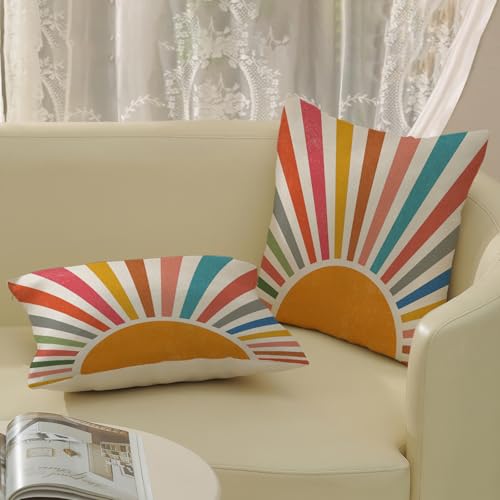 Summer Pillow Covers 16x16 Inch 2 Pcs Boho Colorful Sunshine Outdoor Decor Throw Pillows Stripes Rainbow Sun Farmhouse Holiday Decoration Pillowcase Linen Cushion Cover for Couch Sofa - color: Boho Sun 03, size: 16" x 16" (Pack of 2)