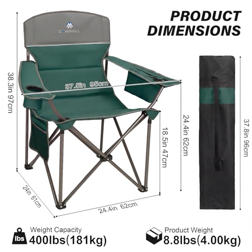 Oversized Camping Chairs 2 Pack - Heavy Duty 400LBS Padded Lawn Chair with Cooler Bag,Cup Holder,Side Pocket,Collapsible for Outdoor,Camp,Fishing & Garden,Dark Green - color: Dark Green