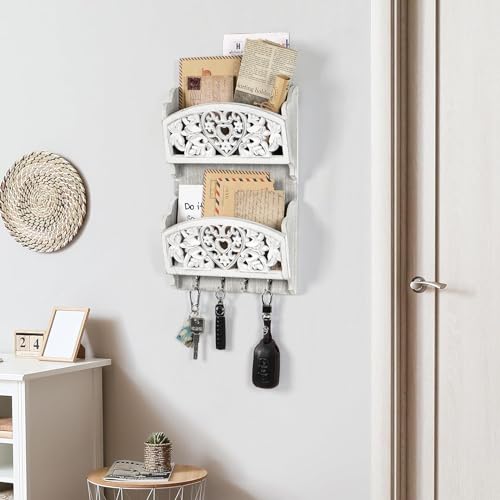 Mail Organizer with Key Holder,2-Slot Mail Holder with 4 Key Hooks for Wall Decorative, Wooden Hanging Organizer for File Letter in Shelf Home Farmhouse Decor for Entryway Office - style: Rustic