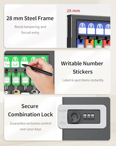 Uniclife 48 Keys Key Lock Box, Wall Mount Key Box, Key Cabinet, Car Key Organizer with Writable Key Racks and Tags, Security Key Holder Storage Box for Office, Hotel & Company - color: Black, size: 48-key(combo lock)