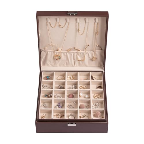 Frebeauty Earring Organizer Classic Jewelry Box 50 Slots Double Layer Jewelry Storage Case with 6 Necklace Hook and Bracelet Pocket(Dark Brown) - color: Dark Brown