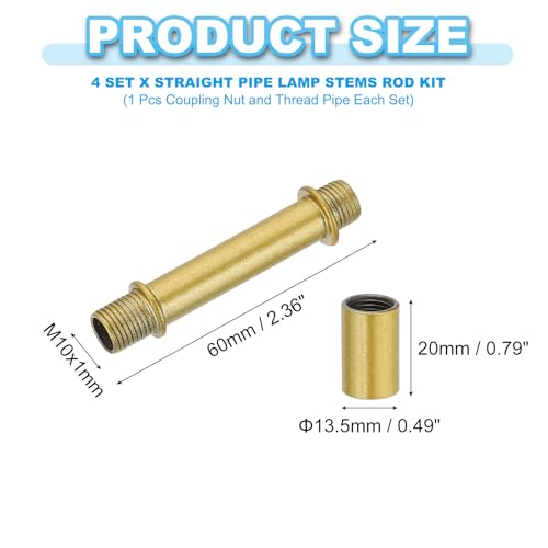 PATIKIL Straight Pipe Lamp Stems Rod Kit, 4 Set M10 Carbon Steel 60mm(2.36") Long Double End Thread Rod with Coupling Nuts Sleeve Connector for Table Lamps Chandeliers, Gold Tone - color: Gold Tone, size: 60mm(2.36")