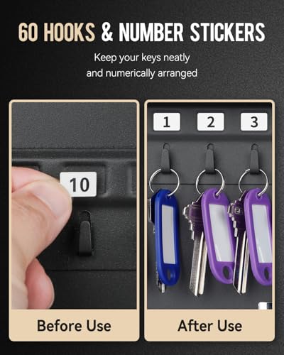 Uniclife 60 Position Key Cabinet with Key Lock Wall Mounted Black Security Storage Box Steel Key Organizer with Colorful Key Tag Labels Stickers and Hooks - color: Black, size: 60-Key