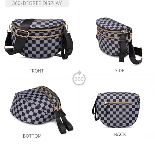 Pure Colour Crossbody Bum Bags for Women Spacious Checkered Cross body Bag Nylon Trendy Fanny Pack for Travel - color: Black Grey Checkered