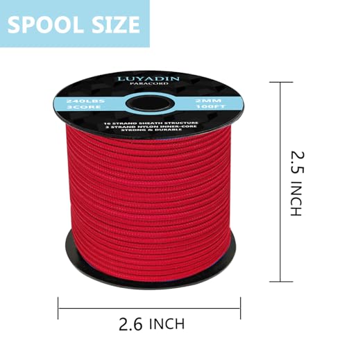 Paracord 240lb - Diameter 2mm Micro Utility Cord -3 Strand Parachute Spool Cord - 100ft 200ft,Paracord for Camping,Hiking,Fishing,Outdoor and DIY - color: Red, size: 100 ft