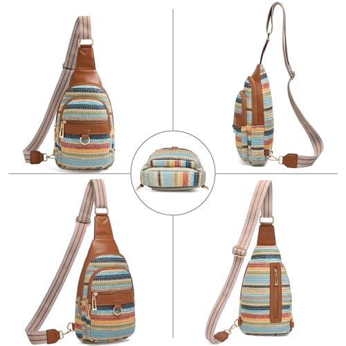 cakang Womens Sling Bag Crossbody Bags for Women Vegan Leather Sling Backpack Daypack Fanny Pack Crossbody Purse Travel - color: 7-rainbow Weaving-brown