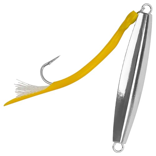 Diamond Jigs Saltwater Fishing Lures,Casting Jigging Spoon with Split Tube Tail Stainless Steel Hook Metal Jig Spoon Baits for Deep Sea Offshore Surf Fishing Bottom Sinking - color: Yellow-1pc, size: 3oz