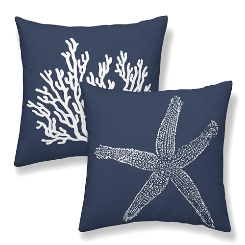 Navy Blue Coastal Pillow Covers 16x16 Inch Set of 2 Nautical Blue Starfish Coral Throw Pillows Spring Summer Beach Ocean Pillowcases Linen Outdoor Decorative Cushion Covers for Bed Sofa Couch - color: Navy Blue Starfish Coral, size: 16" x 16" (Pack of 2)