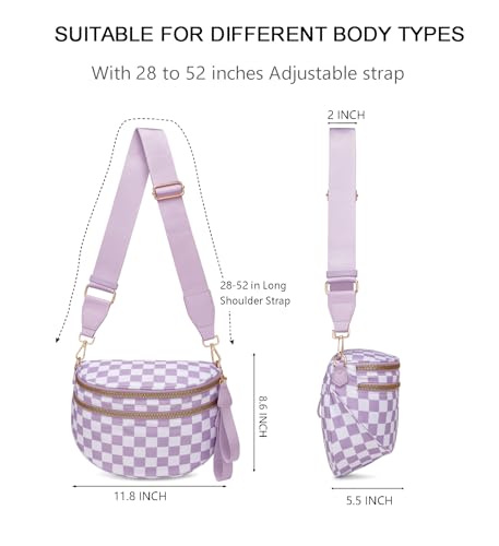 Pure Colour Crossbody Bum Bags for Women Spacious Checkered Cross body Bag Nylon Trendy Fanny Pack for Travel - color: Light Purple Checkered