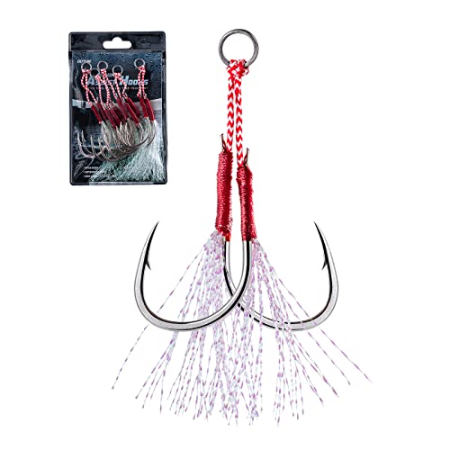 Goture Double Fishing Assist Hooks Kit Jig Assist Glow Hook Slow Fast Fall Jigs Fishing Hook for Lead Vertical Jigging Lures Pack of 5 - color: Red, size: #2/0 (5pcs)