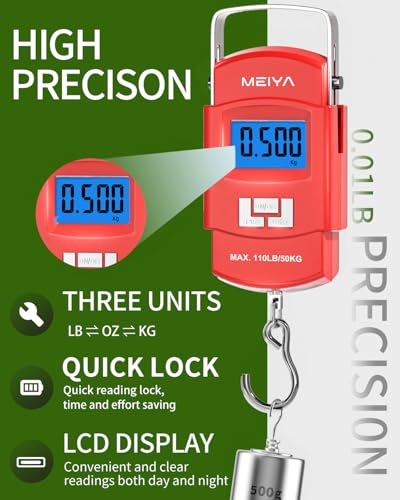 MEIYA Fish Scale 110lb Portable Luggage Scale Travel Digital Hanging Scale with Hook, Fishing Gifts for Men, Weighing Tool for Suitcases & Fish, Includes 2 AAA Batteries, Backlit LCD Display (Red) - color: Red