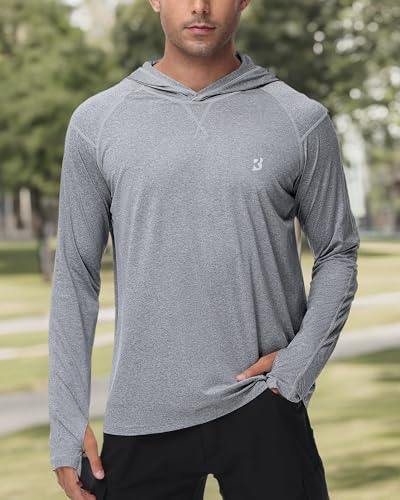 Roadbox Mens UPF 50+ Fishing Shirts, Long Sleeve UV Sun Hoodie, Hiking Running Swim Athletic Workout Shirt - color: A02-gray, size: Small