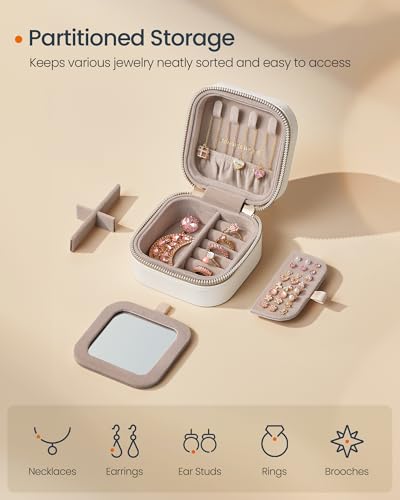 SONGMICS HOME Travel Jewelry Case, Small Jewelry Box Organizer with Mirror, 4.1 x 4.1 x 2.4 Inches, Stitching, Portable, Gift Idea, Cloud White UJBC179W01 - color: Cloud White, size: 4.1"W