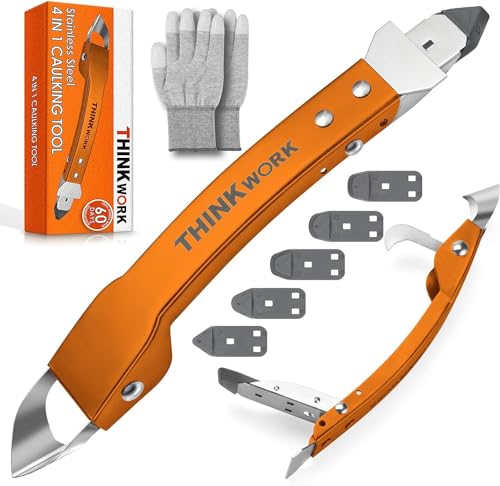 THINKWORK Caulking Tool Kit, 4 in 1 Caulk Remover Tool, Stainless Steel Caulk Tool for Kitchen Bathroom Window Sink Tile Joint, Orange - color: Orange