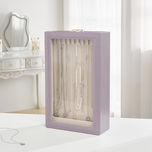 Lolalet Necklace Organizer Box, Jewelry Storage Box with Clear Window for Necklaces Bracelets, Tangle-Free Necklace Display Case for Women Girls, Dusty Purple, 2 Layers 20 Hooks - color: Dusty Purple, size: 2 Layers, 20 Hooks