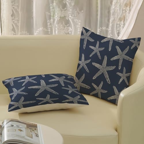 Navy Blue Coastal Pillow Covers 16x16 Inch 2 Pcs Sea Starfish Decor Throw Pillows Nautical Beach Ocean Themed Summer Outdoor Holiday Decoration Pillowcase Linen Cushion Cover for Couch Sofa - color: Navy Blue Starfish, size: 16" x 16" (Pack of 2)