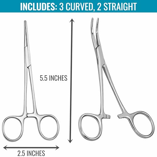 MABIS Precision Kelly Forceps [5‑Pack] Locking Hemostats, 3 Curved & 2 Straight, 5 1/2 Inch Tweezers Clamp Set, Stainless Steel, Fine Tip for First Aid, Sewing, Piercing Removal Tool, Fishing & DIY - size: Pack of 5, style: Combo Pack