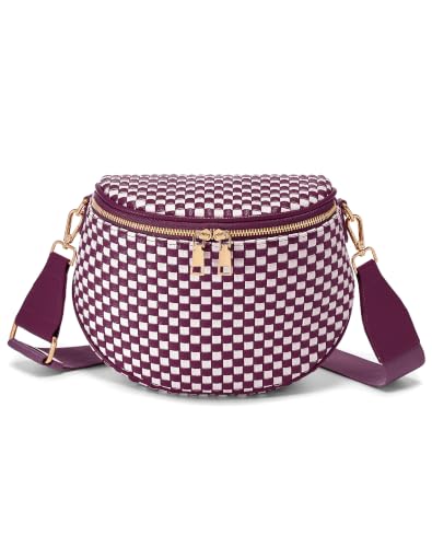 Trendy Woven Checkered Crossbody Bum Bag for Women，PU Leather Checkered Purse Fanny Packs Belt Bag (Woven Bum Bag - Wine Red White) - color: Woven Bum Bag - Wine Red White