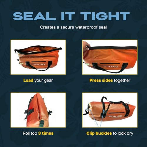 Malo’o Waterproof Dry Duffel, Heavy-Duty Roll Top Waterproof Gear Bag with Shoulder Strap & Molle Loops, Marine Duffel for Kayaking, Boating, Camping, Beach & Travel, Orange, 100L - color: Orange, size: 100L