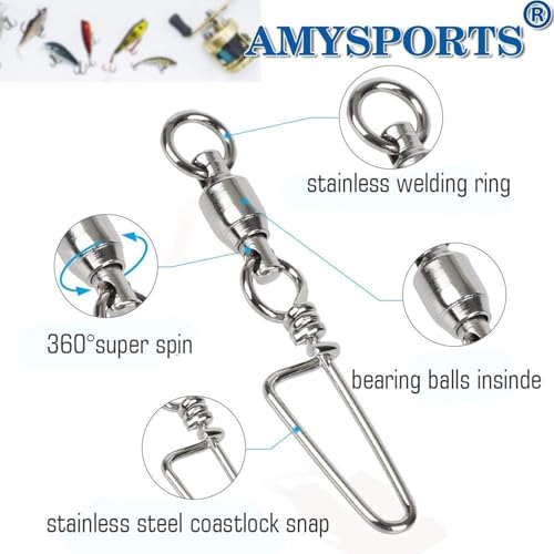 AMYSPORTS High Strength Fishing Snap Swivels - Stainless Steel Ball Bearing Swivels - Saltwater & Freshwater Fishing - size: Size 6+6 (180lb) 50 pcs