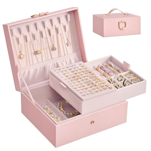 SONGMICS 2-Layer Jewelry Box Organizer, Jewelry Storage Case with Removable Tray and Handle, for Necklaces, Earrings, Rings, Bracelets, 6.7 x 8.1 x 3.7 Inches, Gift Idea, Jelly Pink UJBC208SA01S - color: Jelly Pink