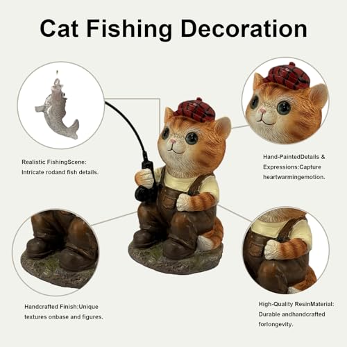 GARDEN WHISPER Cat Statue Outdoor Koi Pond Garden Decoration, Cat Decor for Yard 7.1'' Fishing Tabby Statue Outdoor Garden Decor, Fishing Guy for Waterfalls or Koi Pond Additioanl, Gifts for Mom - color: Fishing Cat（orange）
