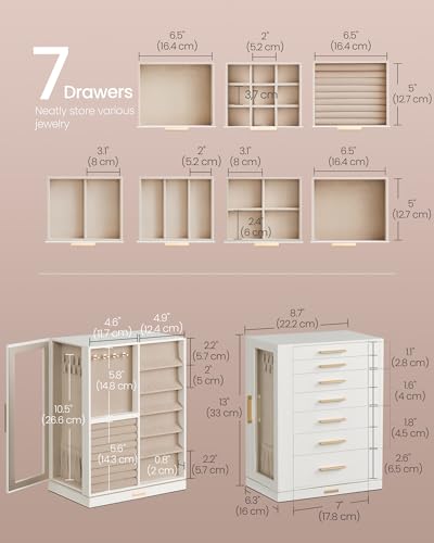 SONGMICS GISELLA Collection - Jewelry Box 360° Rotating, Jewelry Storage Case with 7 Drawers, Jewelry Organizer, Glass Window, Open Design, Great Gift, Light Warm White and Light Camel UJBC201W01 - color: Cloud White, size: 7 Drawers (6.3"d X 8.7"w X 13"h