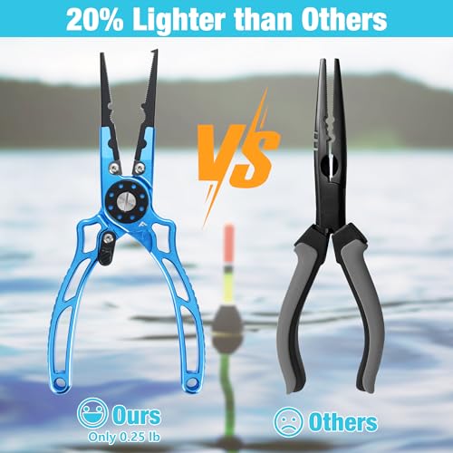 FLISSA Fishing Pliers, Safety Lock Design Fish Pliers Saltwater, Aluminum Hook Remover, Titanium 6Al-4V Jaw and Tungsten Carbide Line Cutters, Sheath & Lanyard, Fishing Gear Gifts for Men - size: 8-inch