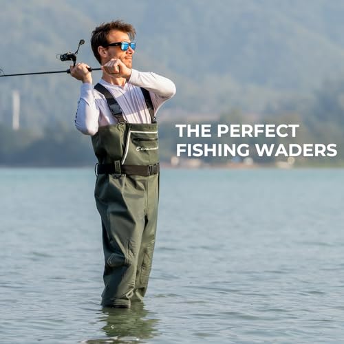 Calamus WaveWalker Fishing Waders for Men & Women, 100% Waterproof PVC Waders with Slip-Resistant Boots, Tear-Resistant Nylon - color: Military Green, size: M5/W7