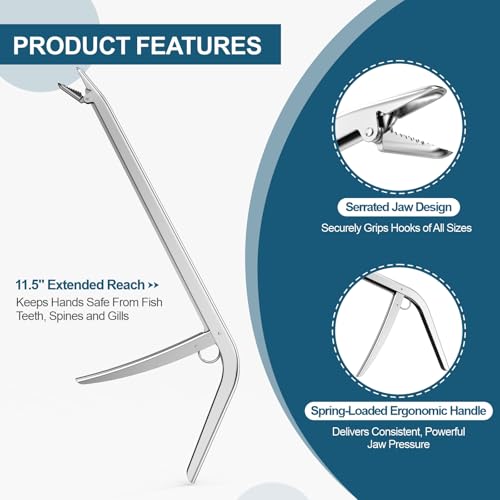 11.5-Inch Fish Hook Remover, Stainless Steel Fishing Tool – Saltwater & Freshwater Hook Extractor Pliers with Serrated Jaw, Non-Slip Safety Dehooker for Anglers