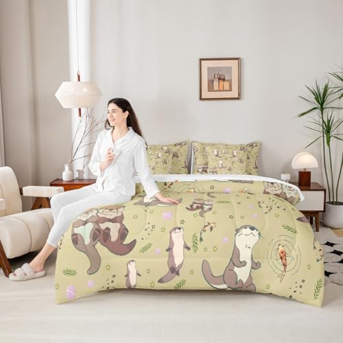 Erosebridal Lap Otter Comforter Set with Sheets Full Size Shell 7-Piece Bedding Set for Kids Boys Girls Sea Otters Koi Fish Cute Cartoon Starry Beige Brown Lightweight Bed in A Bag - color: Beige Brown, size: Full