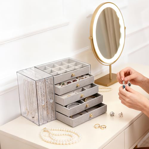 Greenfeather Jewelry Organizer and Storage with 7 Removable Drawers, Clear Acrylic Jewelry Box with 16 Necklace Hooks 48 Pairs of Earring Holes 5 Velvet-Lined Drawers for Rings Bracelets Necklaces - color: Gray-Style B
