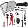 RAWILL 9 Pcs Fishing Tool Kit, Fishing Pliers with Lanyard and Protective Sheaths, Landing Net, Fillet Knife, Fish Scale, Gripper - color: Red