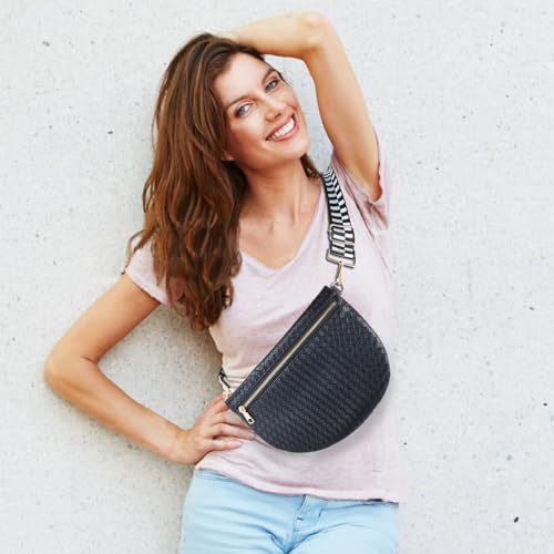 Woven Crossbody Bags for Women Leather Belt Bum Sling Purse Fanny Waist Pack Chest Shoulder Bag for Women-Black - color: Black