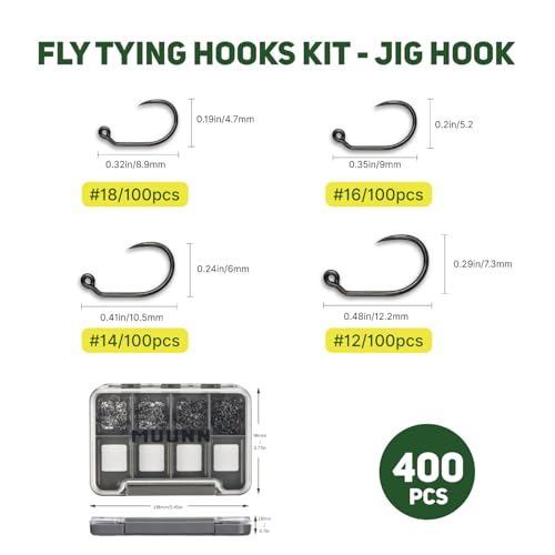 400Pcs Fly Tying Hooks Assortment, Barbless Fishing Hook Trout, Wide-GARP Jig Fly Fishing Hooks 12#14#16#18# with Box