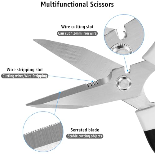 BoFuYuan 8-Inch Utility Scissors All Purpose Heavy Duty, Serrated Blade, White Comfort Grip for Cutting Carpet, Cardboard, Leather, Fabric, Multipurpose Sharp Shears for Kitchen, Garden, Office, Carft - color: White