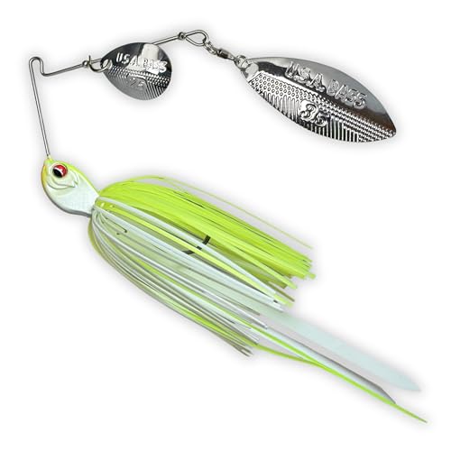 USA BASS Tackle Apache Attack Spinnerbait Type II Largemouth Smallmouth Spotted Bass Premium Fishing Bait Handtied Skirt Custom Blades Heavy Duty Hook New for 2025 - color: White Chartreuse, size: 1/2oz - Willow/Colorado
