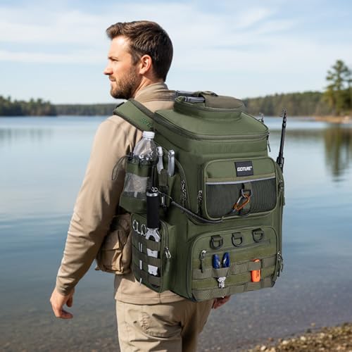 Goture Fishing Backpack with 4 Tackle Boxes, 900D Water-Resistant Tackle Backpack with Rod Holders,Insulated Cooler Compartment, 55L Large Capacity Fishing Gear Storage Bag for Saltwater & Freshwater - color: A3:green(4 Tackle Boxes Included)