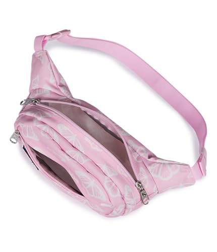 JanSport Fifth Avenue Fanny Pack Crossbody Bags for Women, Men - Stylish, Durable Waist Bag with Adjustable Belt, Main Zippered Pocket, Quick Stash Pocket - Travel Essentials - Black - color: Flutter By Pink Ice
