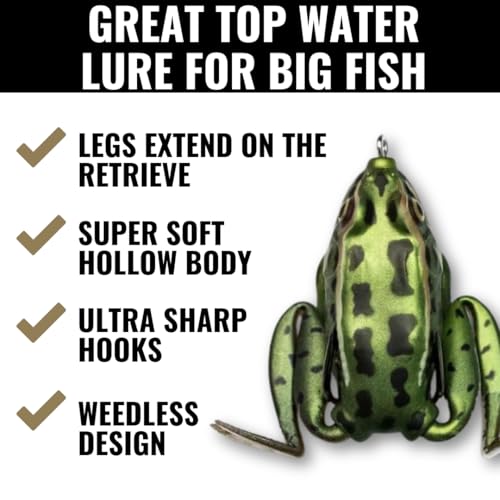 Lunkerhunt - Lunker Frog Fishing Lure | Award Winning Realistic Topwater Frog Lure for Fishing Bass, Trout and Pike | Freshwater Fish Bait with Hollow Body, Weedless Hooks for Freshwater Saltwater - color: Green Tea