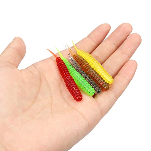 RUNCL Anchor Box - Paddle Tail Swimbaits, Soft Jerk Baits, 20/40/50/60pcs Soft Fishing Lures, Curved Tail Grubs - 3D Lifelike Eyes, Split/Boot/Curved/Straight/Thin Tail - 1/2/3/4/5in, Proven Colors - color: T - Straight Tail Worms (2-1/3in, 50pcs)