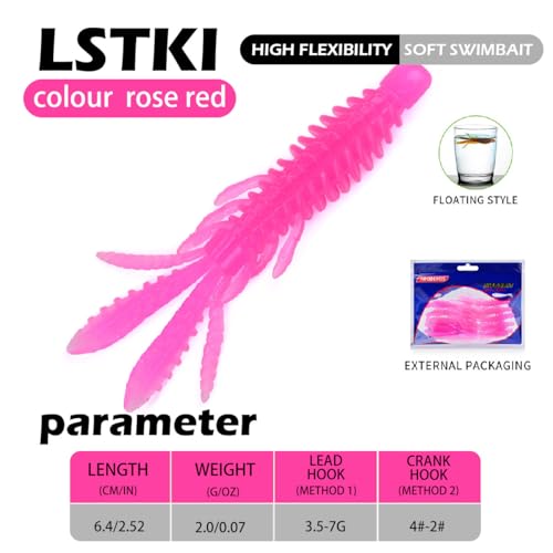10 Pcs Soft Swimbait Lures, 6.4cm/2.5in Shrimp Shape Soft Plastic Fishing Lures Kit, Bass Fishing Lure Swim Baits with 5 Color, for Fishing Trout, Crappie, Bass, Redfish, Freshwater, Saltwater - color: Rose Red, size: 2.5 inch