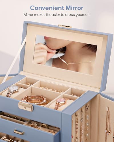 Homde Synthetic Leather Huge Jewelry Box Mirrored Watch Organizer Necklace Ring Earring Storage Lockable Gift Case (Grey Blue + Gold) - color: Grey Blue + Gold