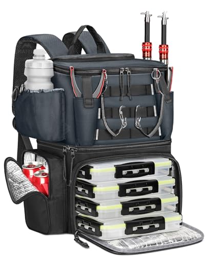 MATEIN Fishing Backpack with 4 Tackle Boxes, Fishing Bag with Rod Holder & Safety Compass & Cooler, Gifts for Fishermen - color: Grey Black